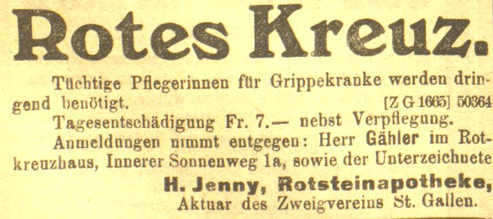 Annonce des Roten Kreuzes im St.Galler Tagblatt vom 2. Dezember 1918.